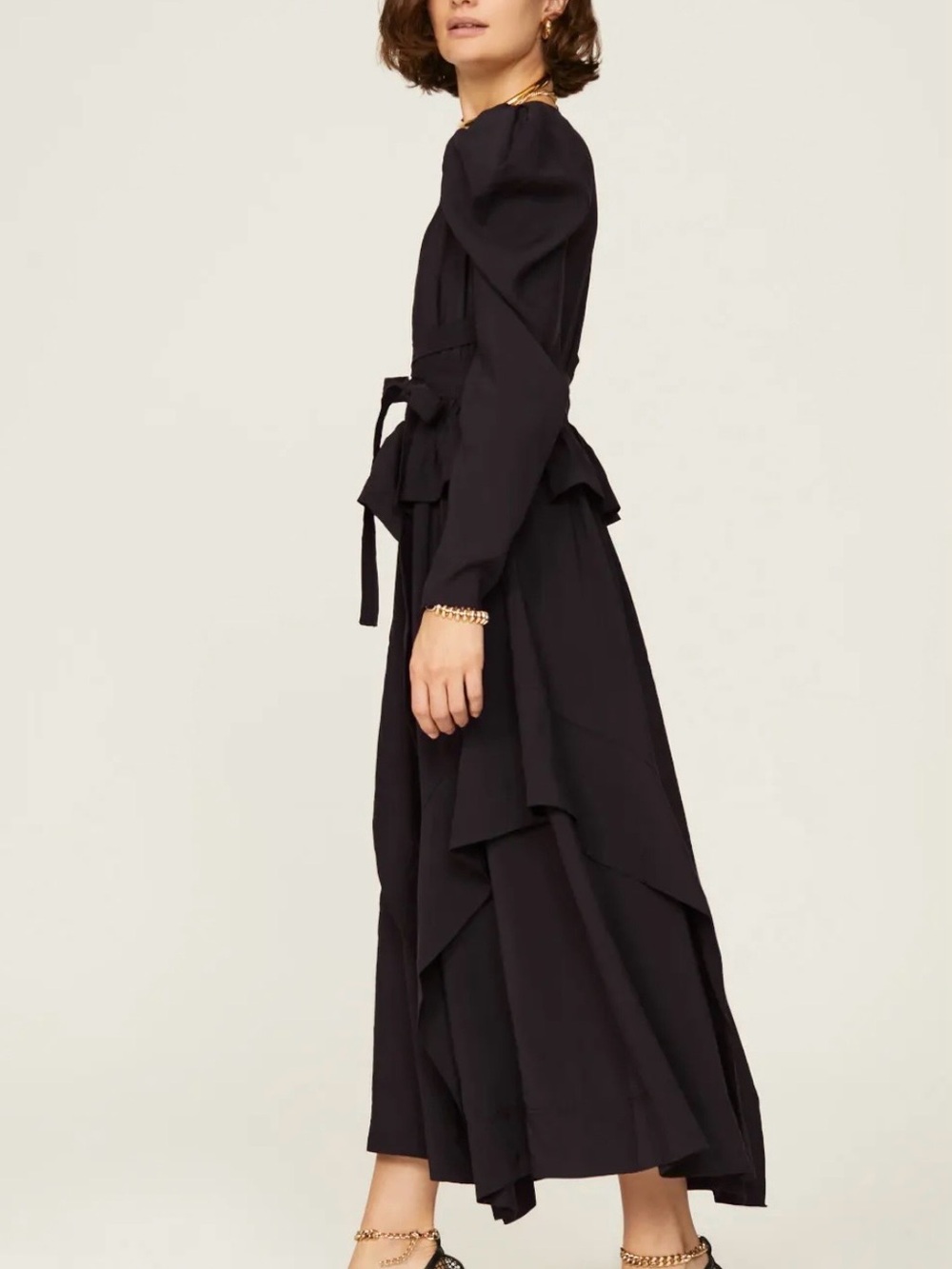 ULLA JOHNSON Virginie Black Belted Maxi Ruffle Dress Puff Sleeve Size 6 $725 - Picture 3 of 12